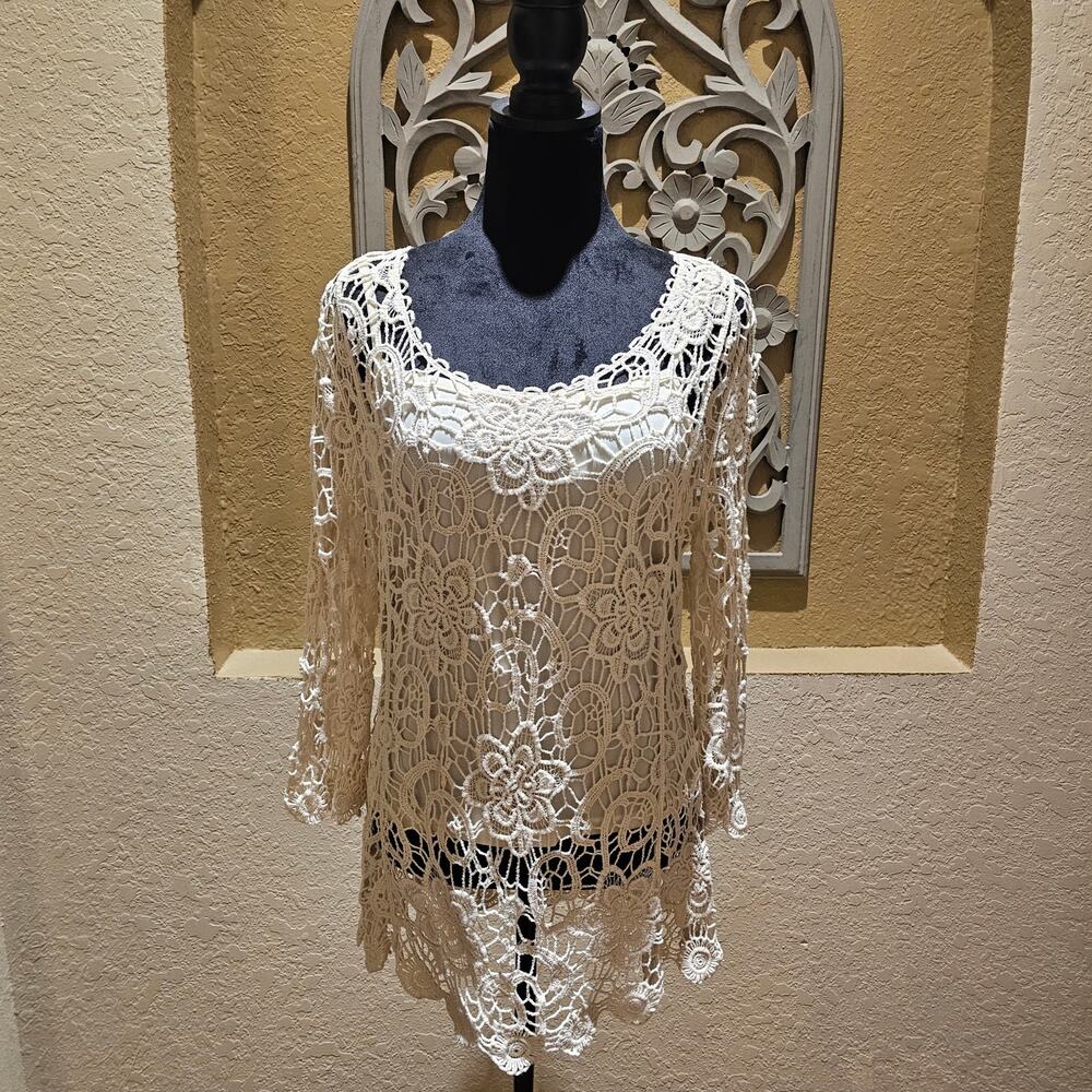 Boho Lace Overlay Top Crochet Floral Sheer Romantic Cottagecore Blouse L - Picture 3 of 8